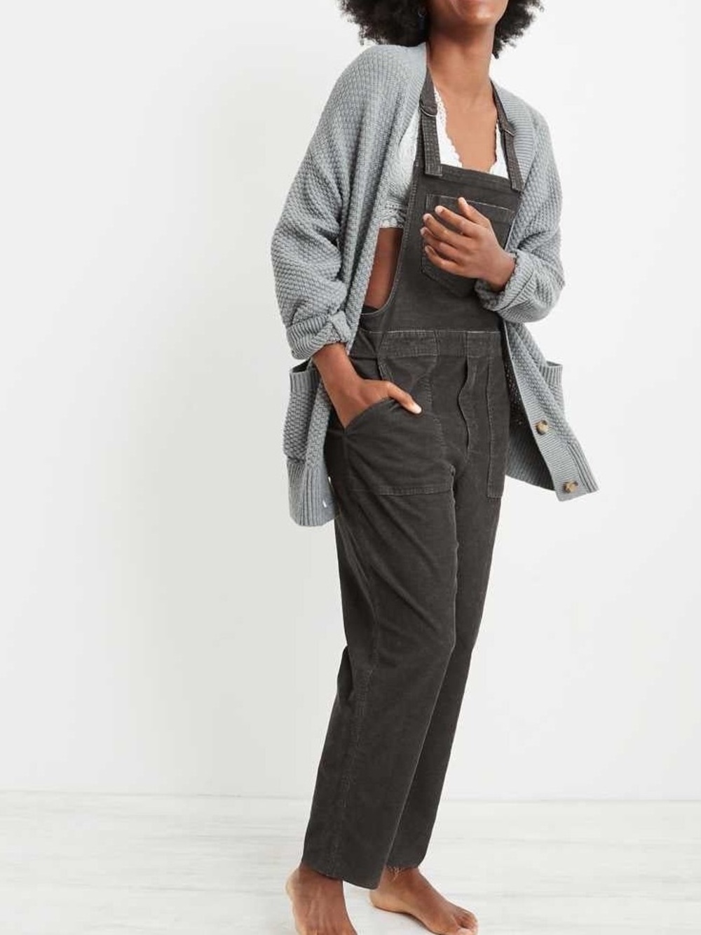 Aerie Werk And Play Dark Gray Corduroy Overalls Frayed Hemline, XL